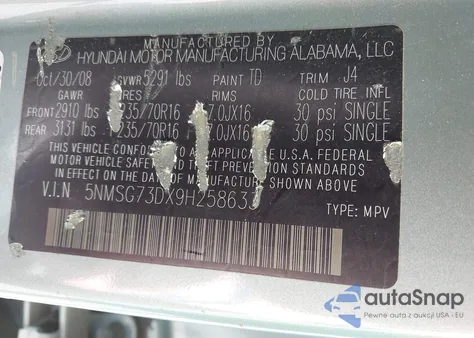 2009 Hyundai Santa Fe Gls из США, поврежденный, VIN 5NMSG73DX9H258633